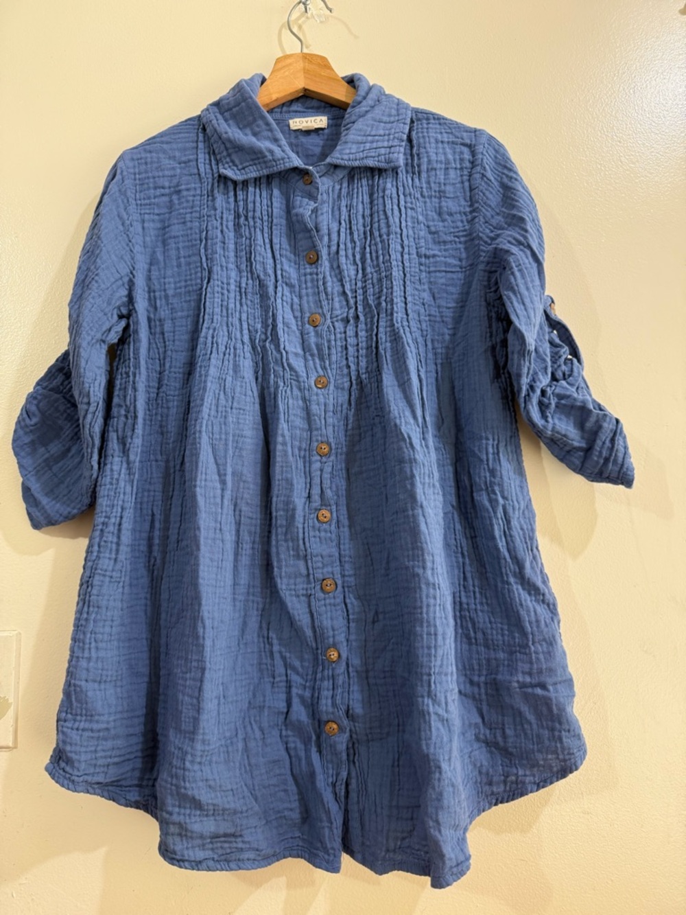 NOVICA Relaxed Blue Button-Down Gauze Shirt